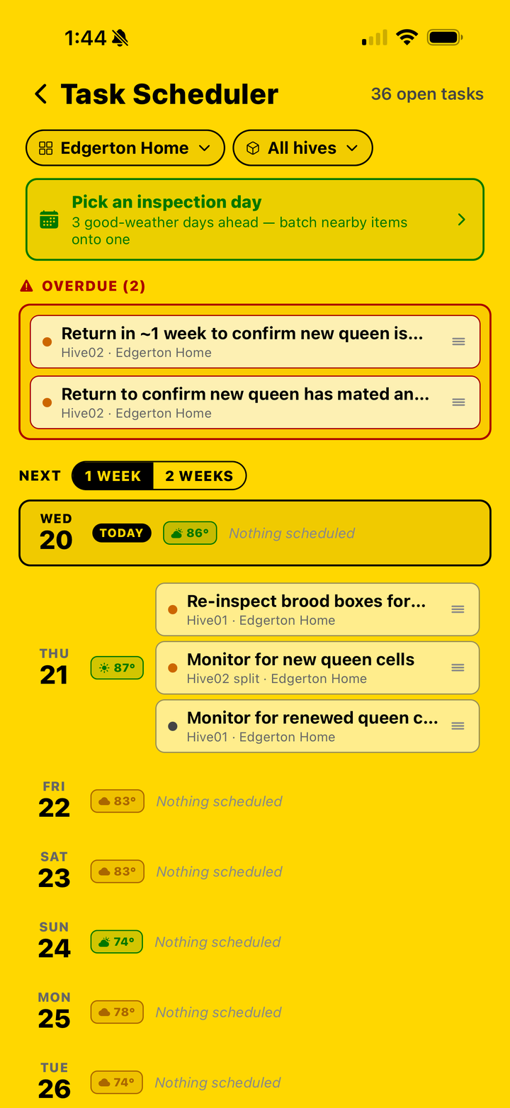 Calendar and alerts — day-by-day action items per hive.
