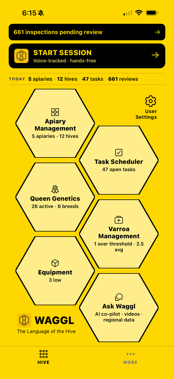 Waggl app home screen &mdash; apiary overview with per-hive risk scores and the next inspection queued up.