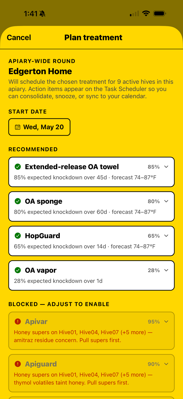 Varroa planner — OAV recommended for this week, alternatives queued or blocked.